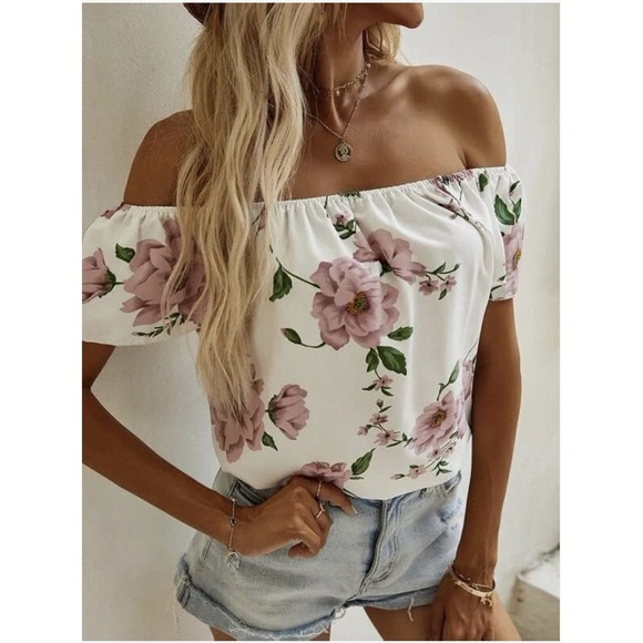 Shein Flower White & Pink Off The Shoulder Small (S)‎ (4) Blouse Short Sleeve - Picture 2 of 10